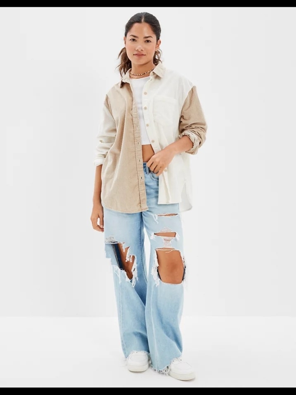 American Eagle Outfitters Beige and Cream Corduroy Trim Shirt